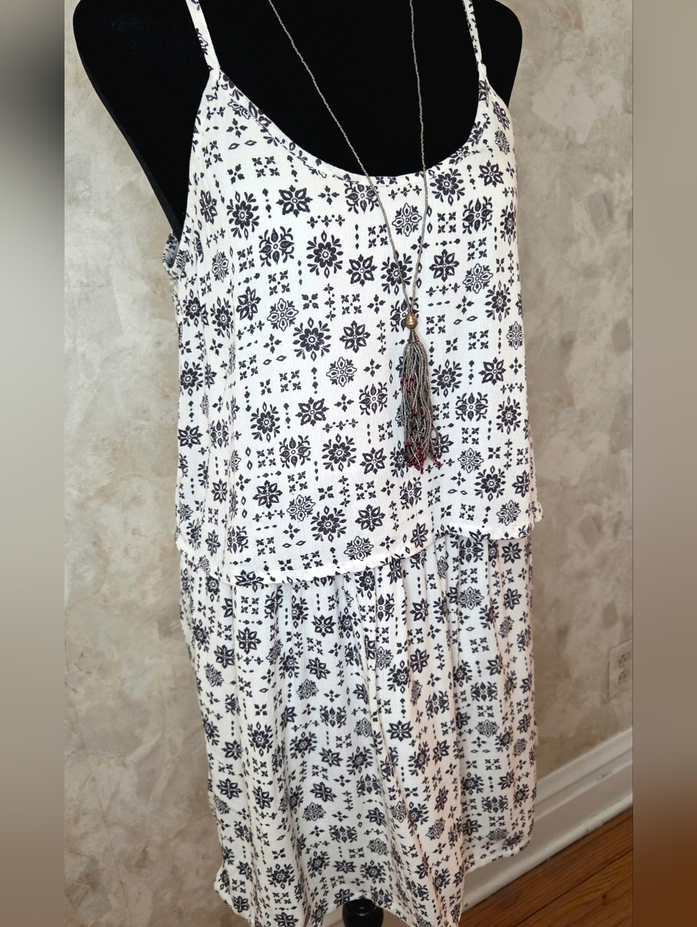 Passenger Floaty Layered Dress XS Ivory Black Tile Print Organic Cotton Boho